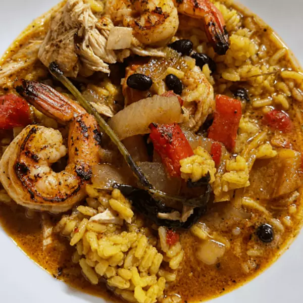 Sautéed Shrimp and sauce over yellow rice